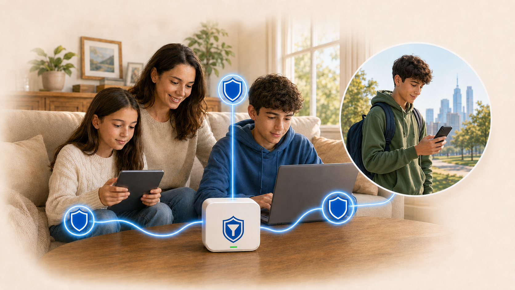A family using protected devices at home while a child's phone stays protected away from home